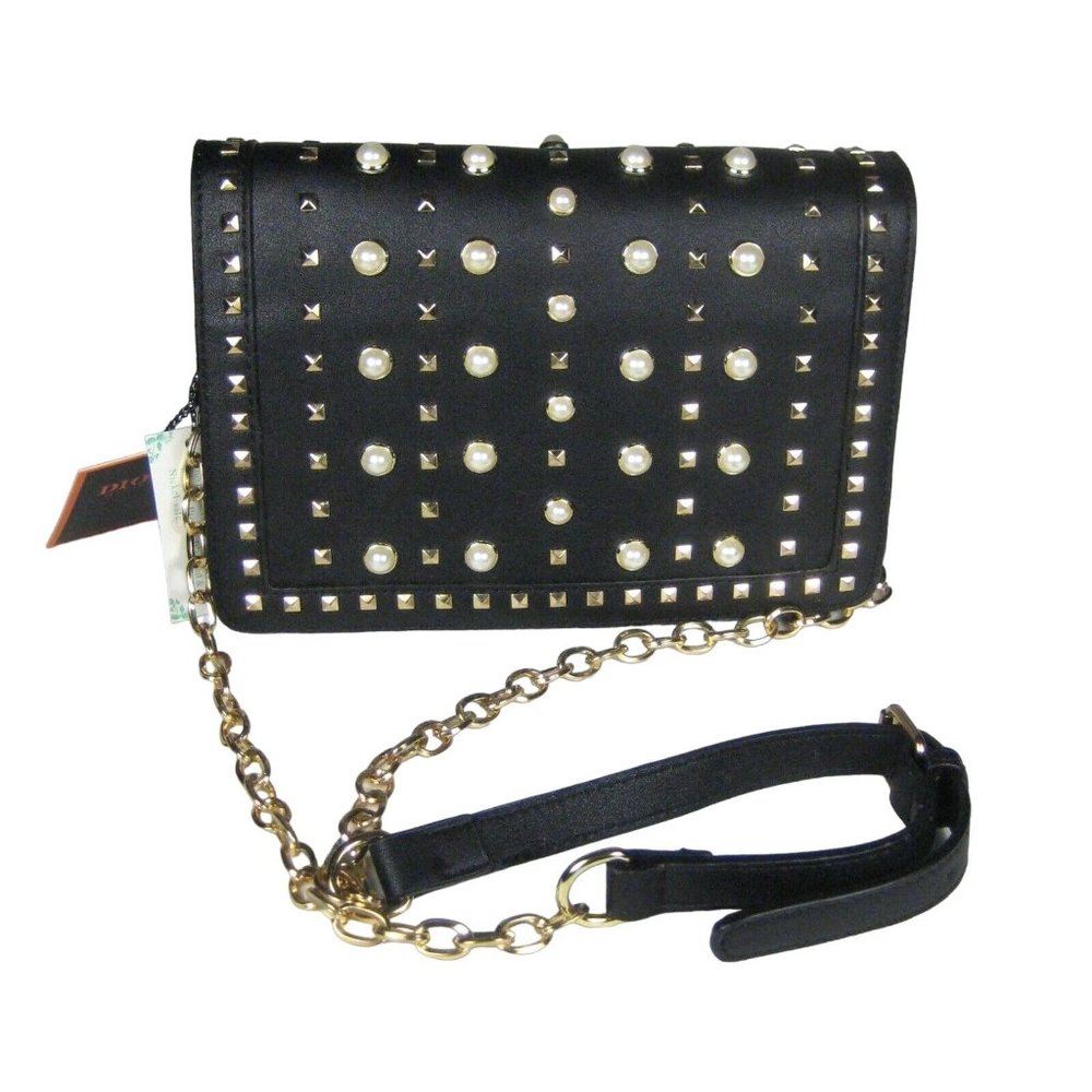 Diophy Black Bag Crossbody Strap Vegan Leather Tags Studs Faux Pearl Goldtone